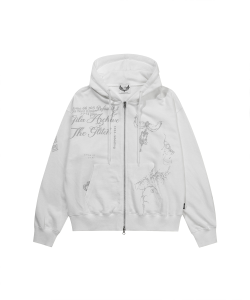 TATTOOED GRAPHIC HOOD ZIP-UP_WHITE