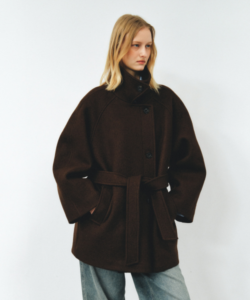 WOOL BELTED HALF COAT - BROWN