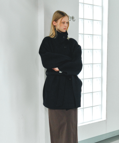 WOOL BELTED HALF COAT - NAVY
