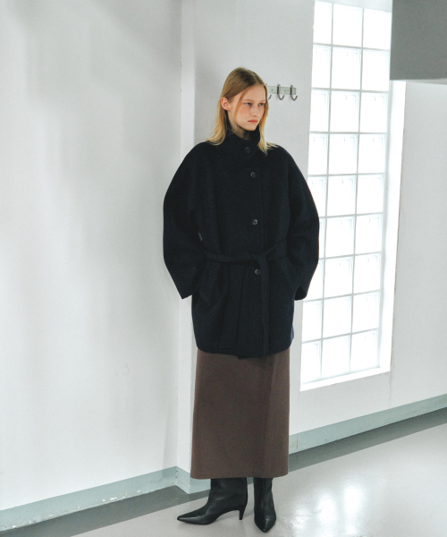 WOOL BELTED HALF COAT - NAVY