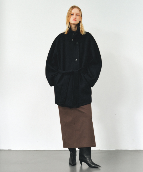 WOOL BELTED HALF COAT - NAVY