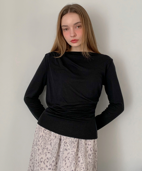 Boat neck Shirring Long Sleeve T - shirt (4colors)