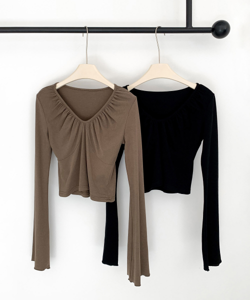 V Neck Shirring Bell Sleeve T - shirt (2colors)