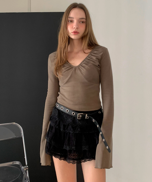 V Neck Shirring Bell Sleeve T - shirt (2colors)