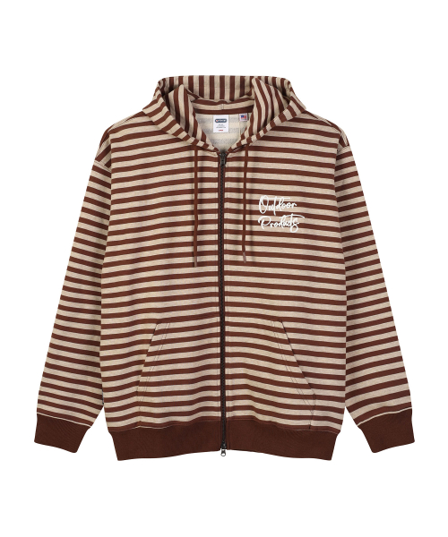CHAIN STITICH STRIPE ZIP UP HOODIE (BROWN)