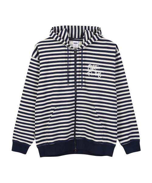 CHAIN STITICH STRIPE ZIP UP HOODIE (NAVY)