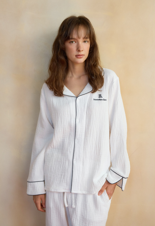 Slow Cotton Piping Pajamas Set (white)