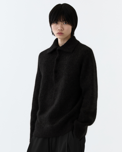 Kid mohair button turtle knit top - BLACK