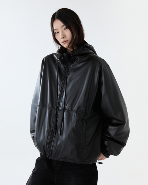 Leather hooded jumper - BLACK