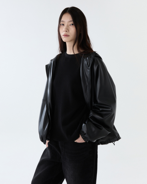 Leather hooded jumper - BLACK
