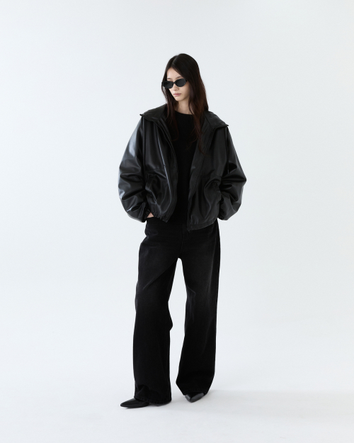 Leather hooded jumper - BLACK