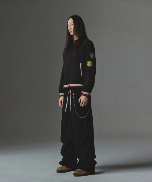 Striped Rib Sleeve Patch Corduroy Jacket - Black