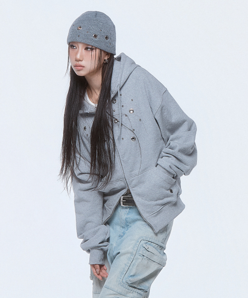 (DUC) Eyelet Stud Hoodie Zip-up Gray