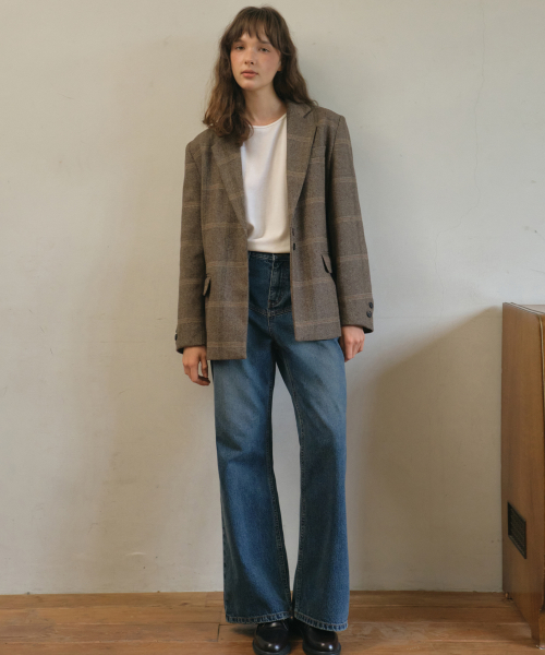 Vintage wool check tailored half jacket_Brown(O25-OT03)