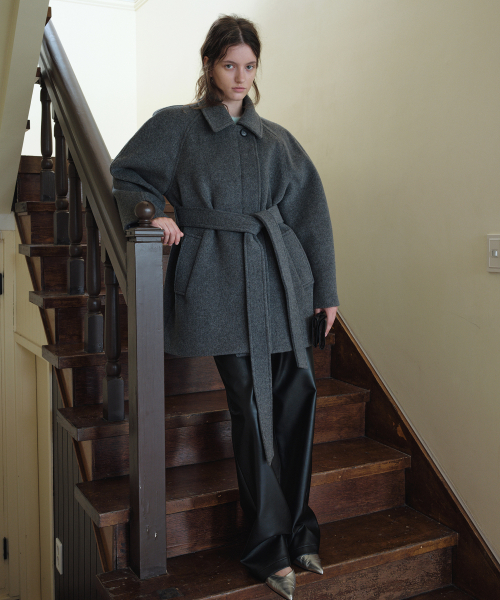VOLUME SLEEVE WOOL HALF COAT_GREY