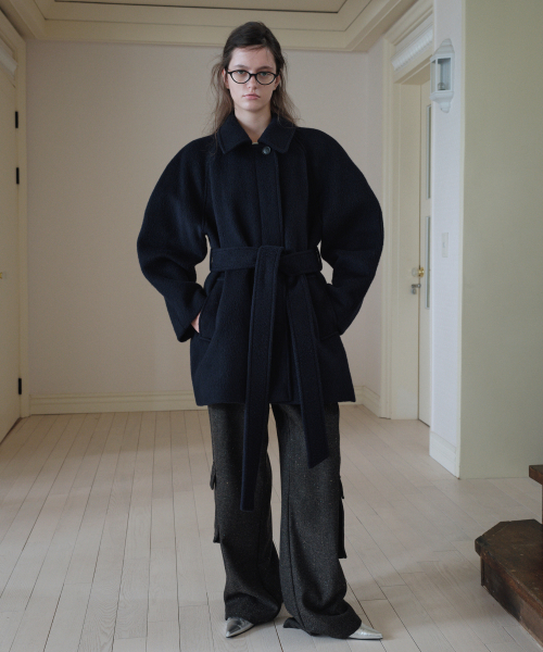 VOLUME SLEEVE WOOL HALF COAT_NAVY