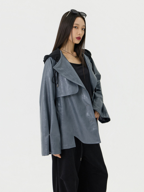 Кожаная куртка оверсайз с капюшоном, Grey