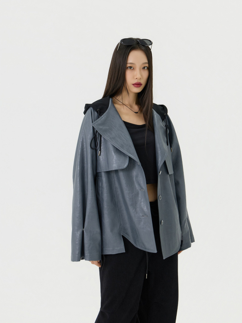 Кожаная куртка оверсайз с капюшоном, Grey