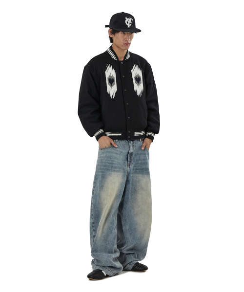 ETHNIC BOUCLE EMBROIDERY VARSITY JACKET - BLACK