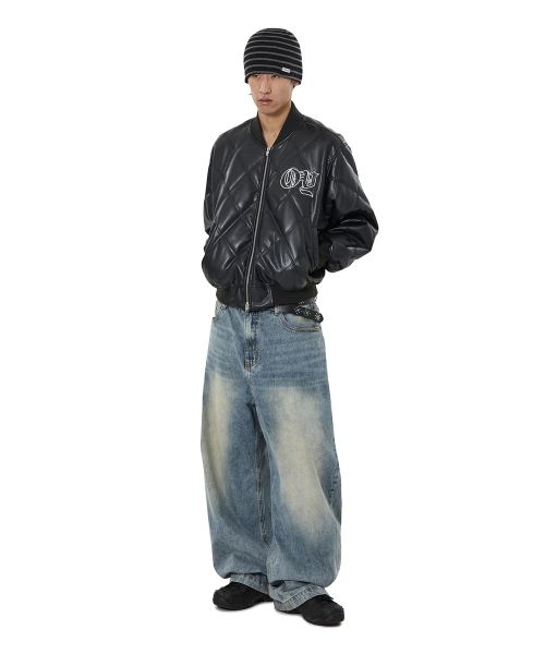 GOTHIC LOGO FAUX LEATHER BOMBER JACKET - BLACK