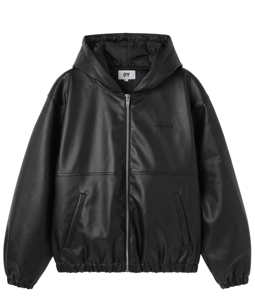 EMBOSSED CROSS FAUX LEATHER HOODED JACKET -BLACK
