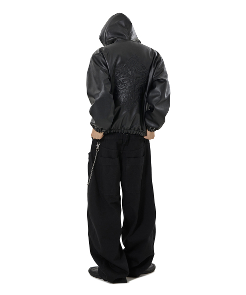 EMBOSSED CROSS FAUX LEATHER HOODED JACKET -BLACK