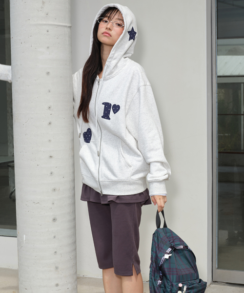 FIGURE SHAPE APPLIQUE HOODED ZIP UP белый MELANGE