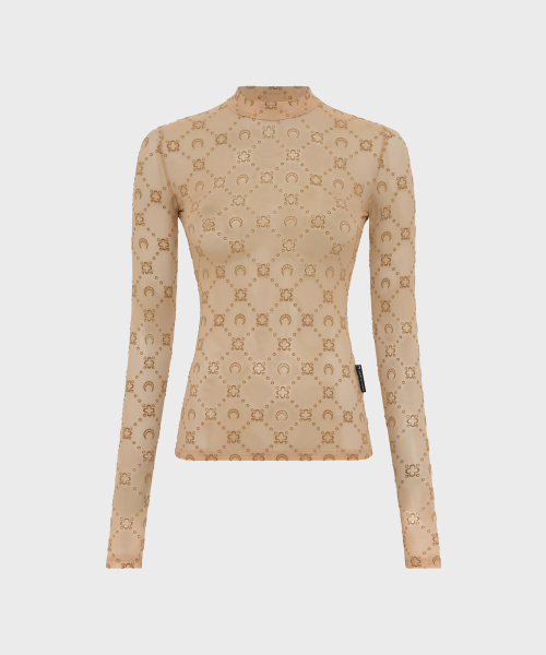 (W) Лонгслив сетка MOONOGRAM MESH FLOCK LS HIGHNECK TOP BG60 CAMEL