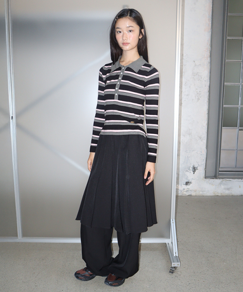 STRIPE HENRYNECK COLLAR облегающий длинный SLEEVE KNIT чёрный розовый