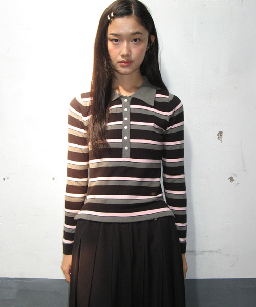 STRIPE HENRYNECK COLLAR облегающий длинный SLEEVE KNIT чёрный розовый