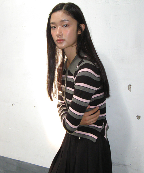 STRIPE HENRYNECK COLLAR облегающий длинный SLEEVE KNIT чёрный розовый
