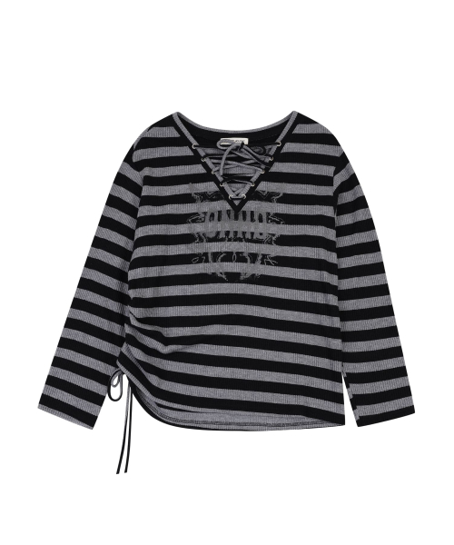 LACE-UP STRIPE PULLOVER [BLACK]