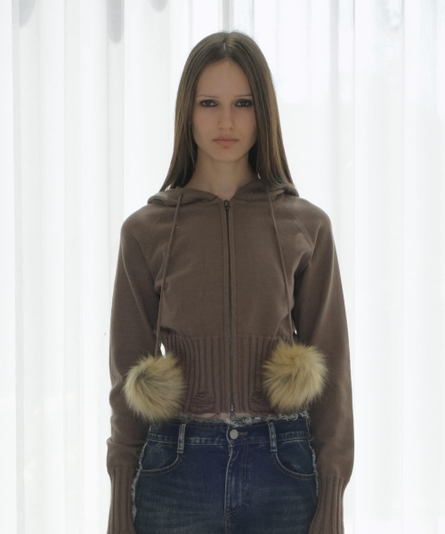 POM-POM KNIT HOOD ZIP-UP [KHAKI]