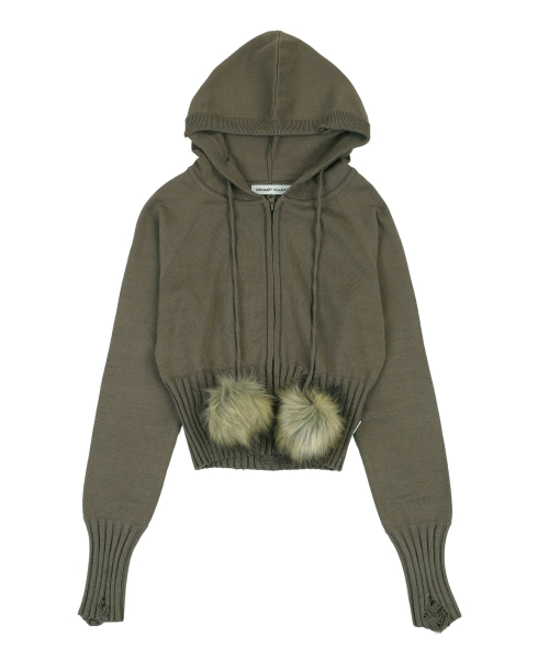POM-POM KNIT HOOD ZIP-UP [KHAKI]
