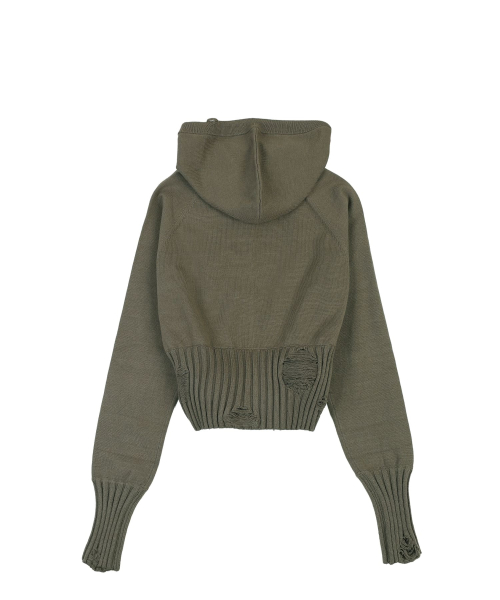 POM-POM KNIT HOOD ZIP-UP [KHAKI]