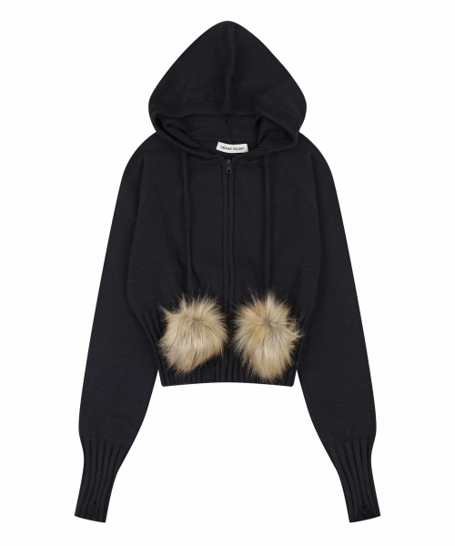 POM-POM KNIT HOOD ZIP-UP [BLACK]