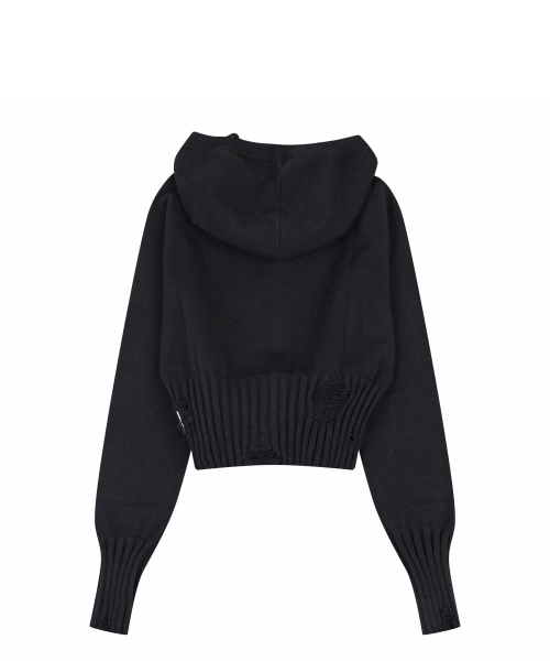 POM-POM KNIT HOOD ZIP-UP [BLACK]