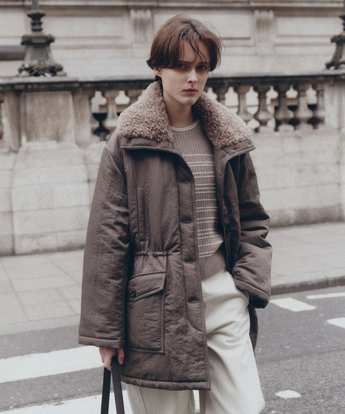 Fur Collar High-Neck Половинный бомбер_Khaki