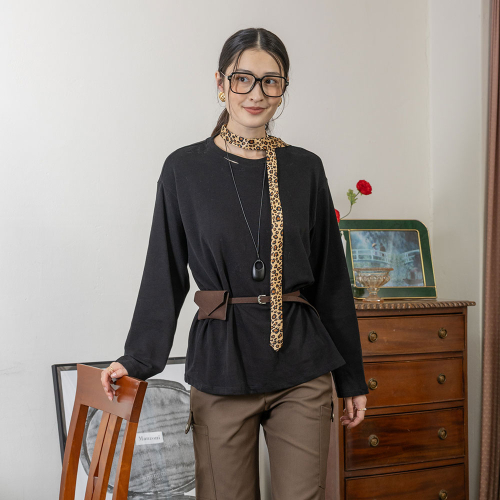 LS_Solid color blouse with patterned tie set_2color
