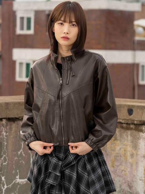 Куртка из FAUX кожи с высоким воротником на молнии [Brown]