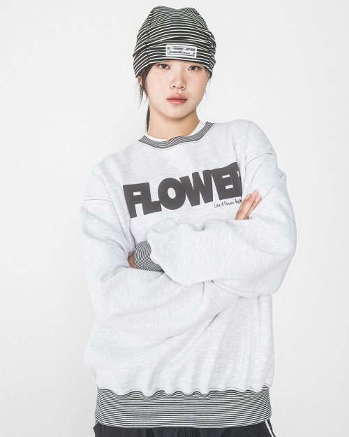 FLOWER STRIPE RIB SWEATSHIRT(MELANGE WHITE)