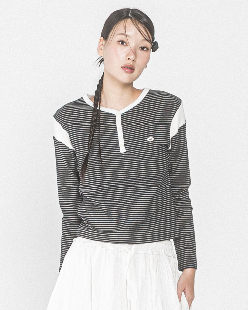 STRIPE SHOULDER BLOCK HENRY L/S TEE(BLACK)