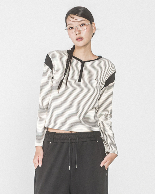 STRIPE SHOULDER BLOCK HENRY L/S TEE(IVORY)