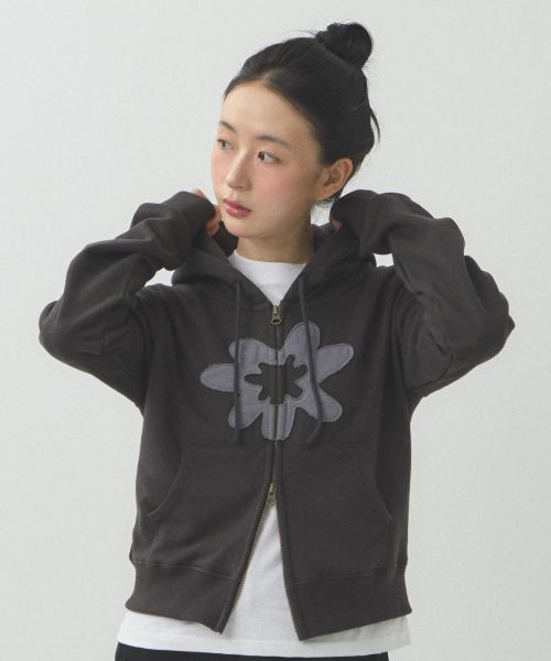 Crocus Applique Hooded Zip-Up (Charcoal)