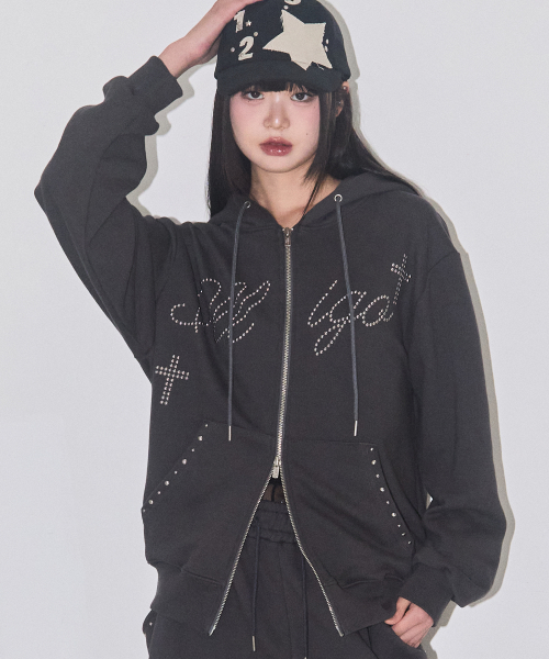 MUSINSA | ILLIGO Cross Hotfix Hoodie Zip-Up Charcoal
