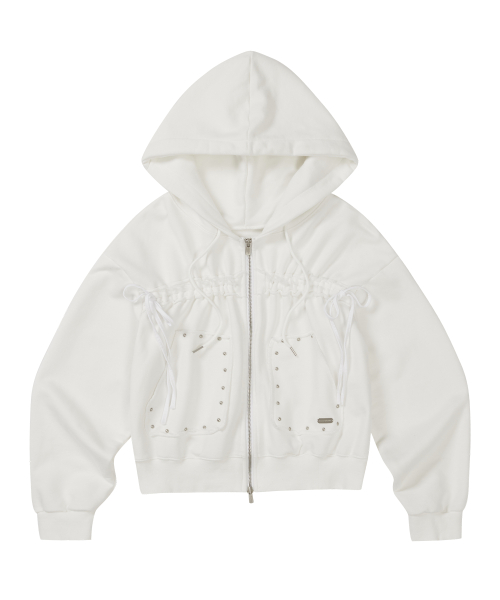 Худи на молнии с завязками и бахромой White