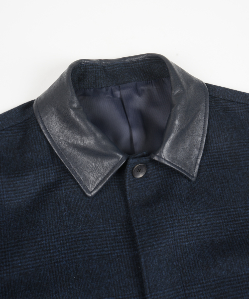 Шерсть-смесь кожаный воротник блузон-куртка — Navy Check