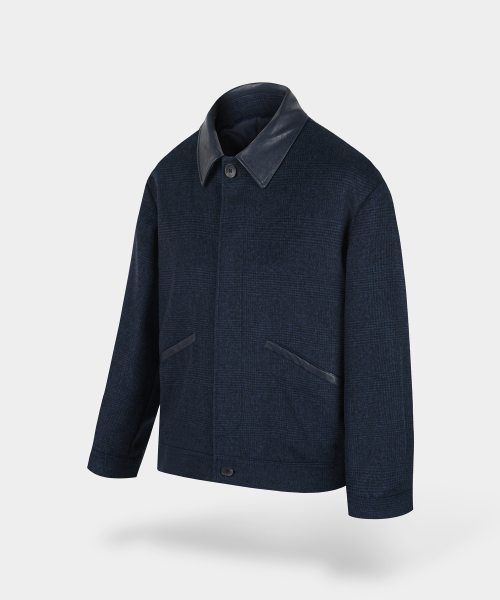 Шерсть-смесь кожаный воротник блузон-куртка — Navy Check