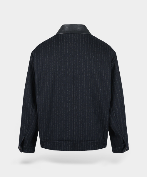 Шерстяной бомбер с кожаным воротником - Navy Stripe