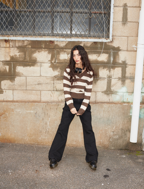 Vayra V Neck Stripe Knit Brown/Beige